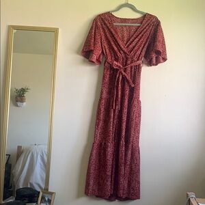 Red Flutter Sleeve Maxi Wrap Dress